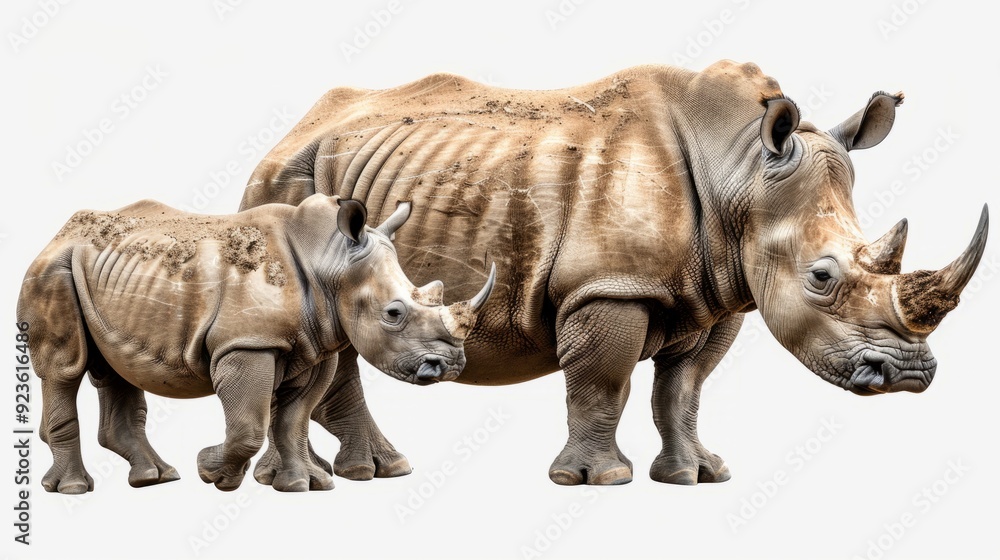 Fototapeta premium Two rhinoceroses standing together in a natural environment during daylight