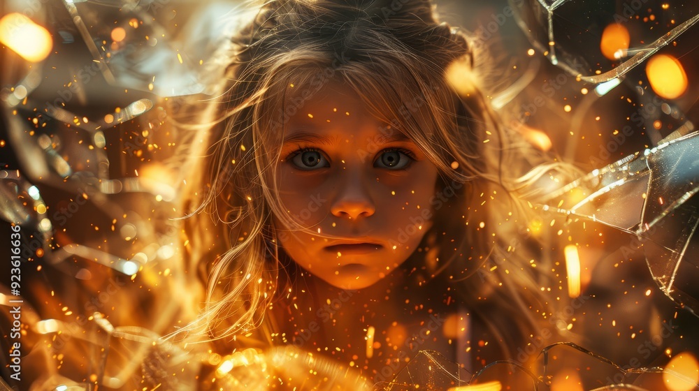 Girl with long hair emerges from shattered glass surrounded by glowing orange sparks Girl with long hair emerges from shattered glass surrounded by glowing orange sparks