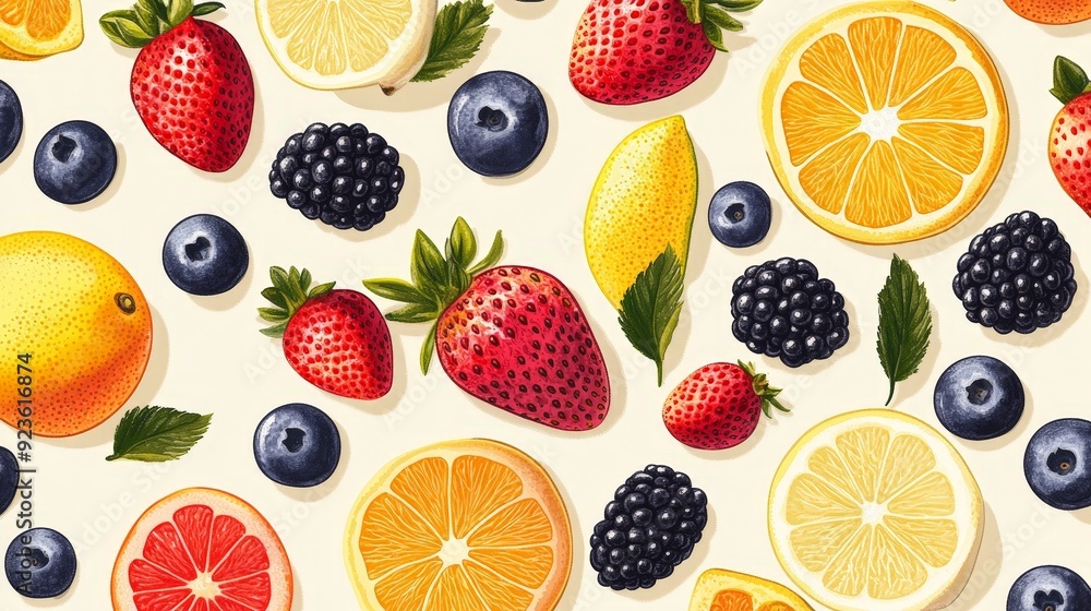 Colorful seamless pattern of vibrant fruits, creative and fresh design for textiles Colorful seamless pattern of vibrant fruits, creative and fresh design for textiles