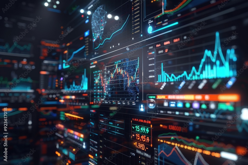 Holographic interface showing AI-powered stock market analysis, with dynamic charts and advanced financial tools Holographic interface showing AI-powered stock market analysis, with dynamic charts and advanced financial tools