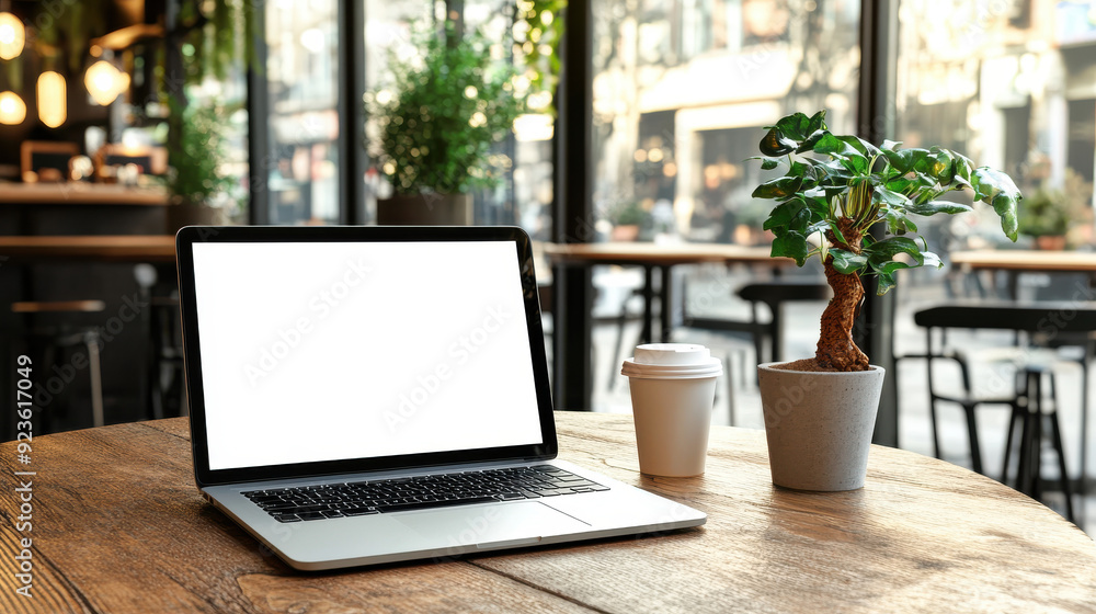 Blank screen laptop mockup on a rustic wooden table in a stylish coffee shop, ideal for showcasing your ad content. Blank screen laptop mockup on a rustic wooden table in a stylish coffee shop, ideal for showcasing your ad content.