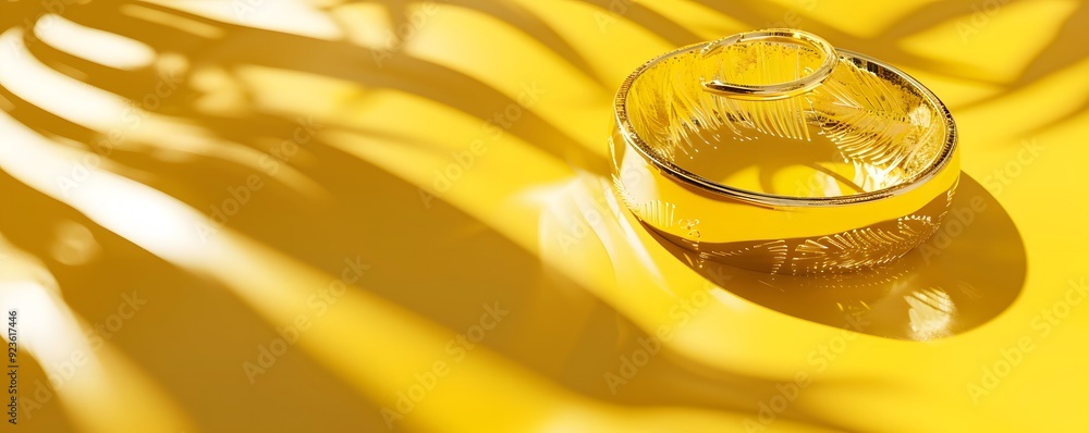 Golden Ring on a Yellow Surface with Light and Shadows Golden Ring on a Yellow Surface with Light and Shadows