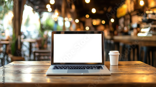 Blank screen laptop on a wooden table with a coffee shop backdrop, perfect for customizing with your advertisement.