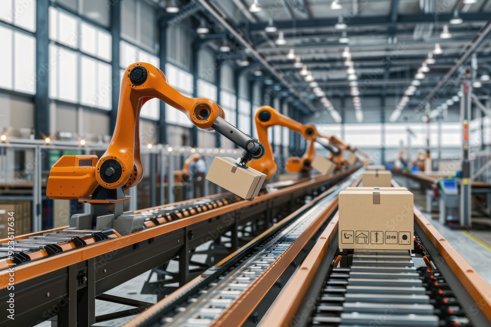 Modern factory with orange robotic arms and conveyor belt transporting carton boxes Modern factory with orange robotic arms and conveyor belt transporting carton boxes