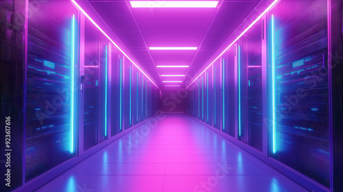 An illuminated modern server room bathed in vibrant neon pink and blue lights, showcasing the advanced technological systems essential for data storage and processing.