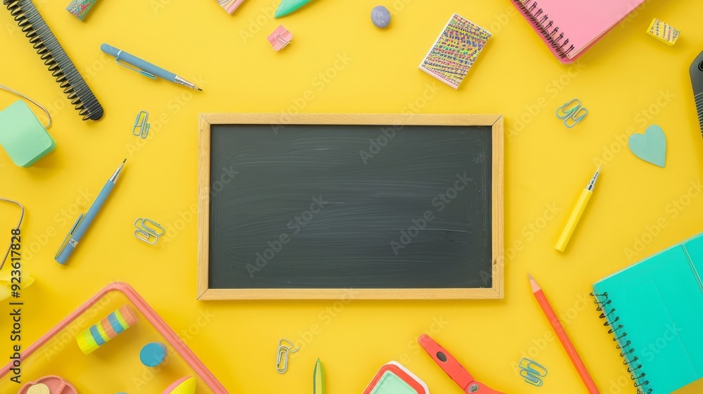 A black board with various school supplies on yellow background top view A black board with various school supplies on yellow background top view