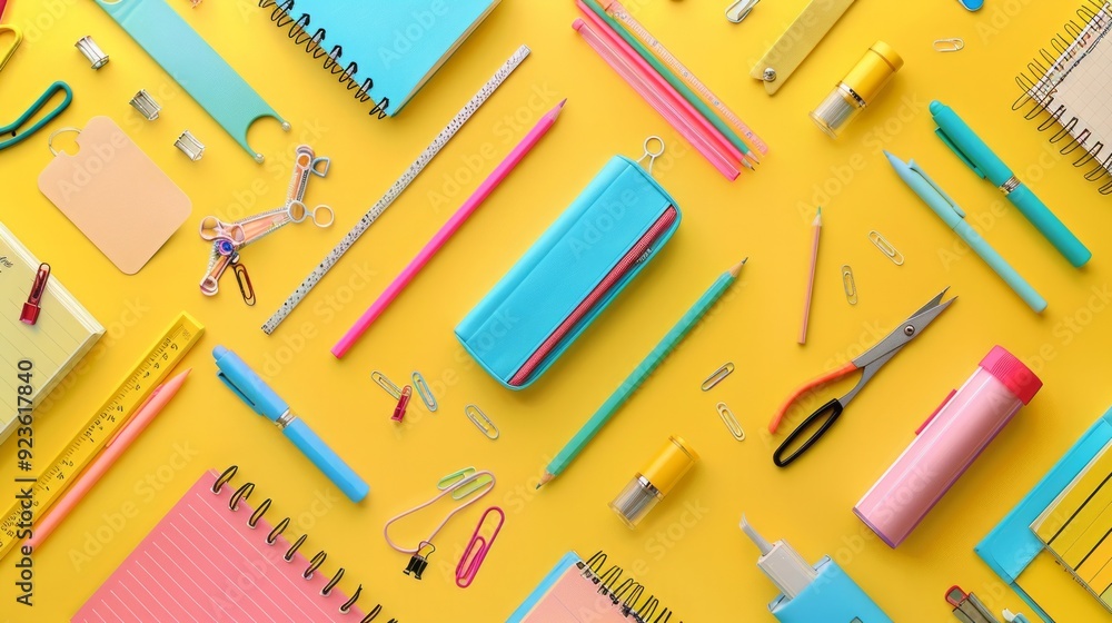 Top view Colorful school supplies on yellow background Top view Colorful school supplies on yellow background