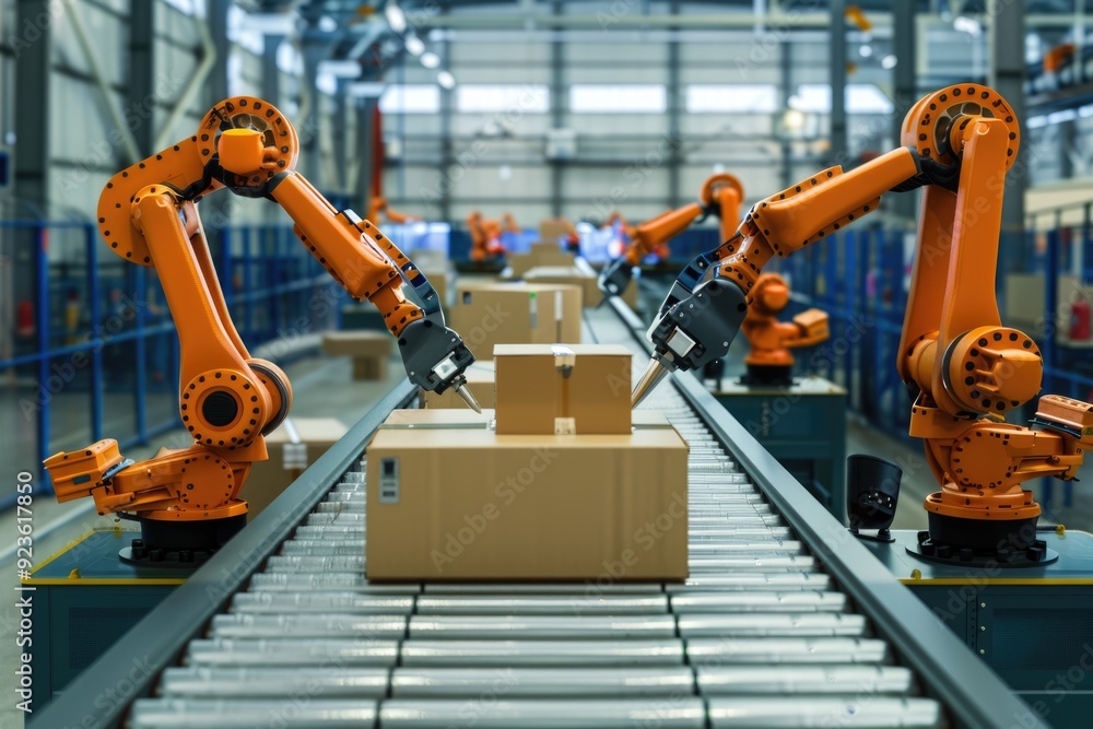 Factory automation with orange robotic arms and carton boxes on conveyor belt Factory automation with orange robotic arms and carton boxes on conveyor belt