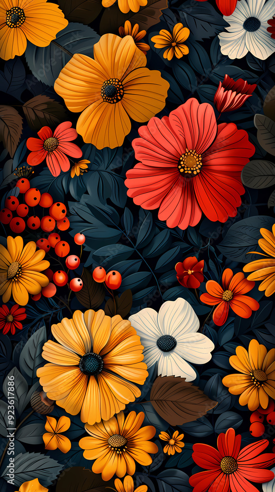 Seamless pattern with flowers, leaves, and abstract colors for a vintage wallpaper or nature-inspired design. Seamless pattern with flowers, leaves, and abstract colors for a vintage wallpaper or nature-inspired design.