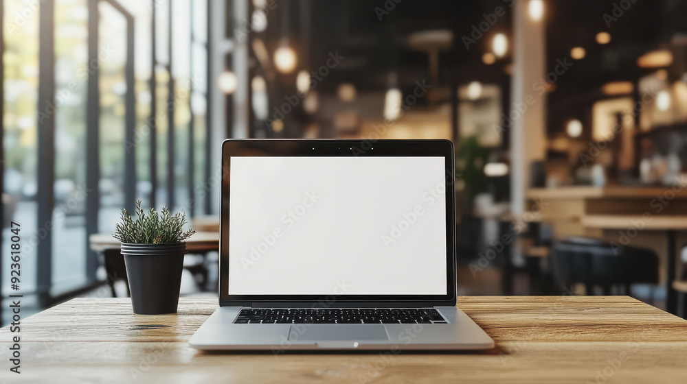 Blank screen laptop on a wooden table with a coffee shop backdrop, perfect for customizing with your advertisement. Blank screen laptop on a wooden table with a coffee shop backdrop, perfect for customizing with your advertisement.