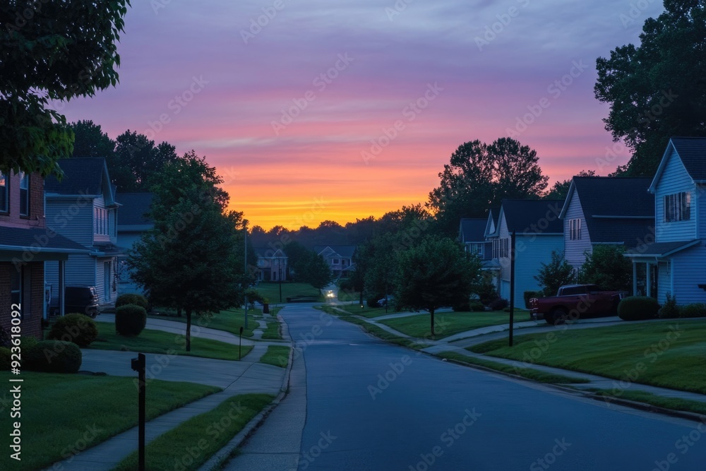 A sleepy neighborhood waking up to the sunrise, Monday morning, peaceful and serene A sleepy neighborhood waking up to the sunrise, Monday morning, peaceful and serene