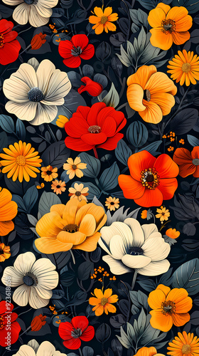 Seamless pattern with flowers, leaves, and abstract colors for a vintage wallpaper or nature-inspired design.