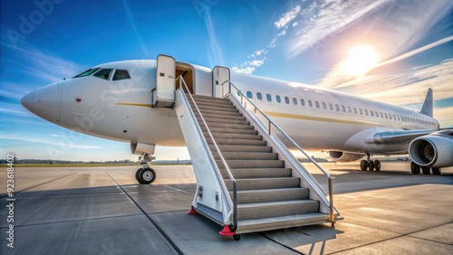 Passenger boarding stairs leading to entrance of big jet plane , travel, boarding, stairs, aircraft, aviation