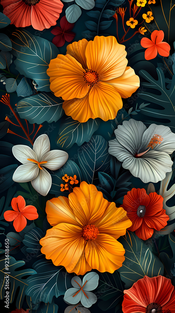 Seamless pattern with flowers, leaves, and abstract colors for a vintage wallpaper or nature-inspired design. Seamless pattern with flowers, leaves, and abstract colors for a vintage wallpaper or nature-inspired design.