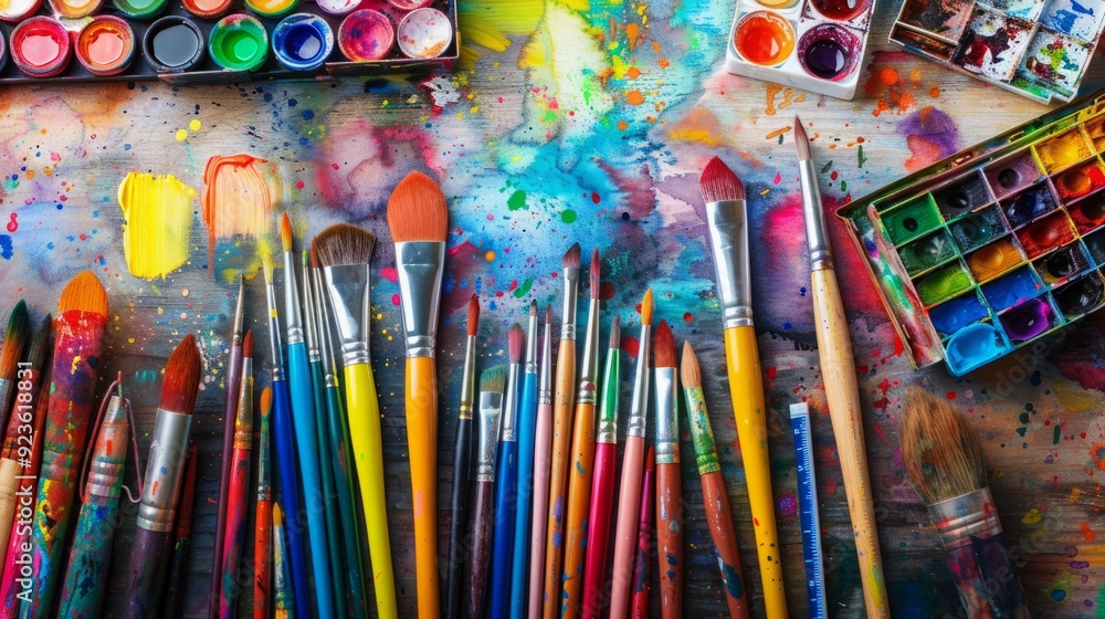 Naklejka premium Brushes and watercolor school supplies top view