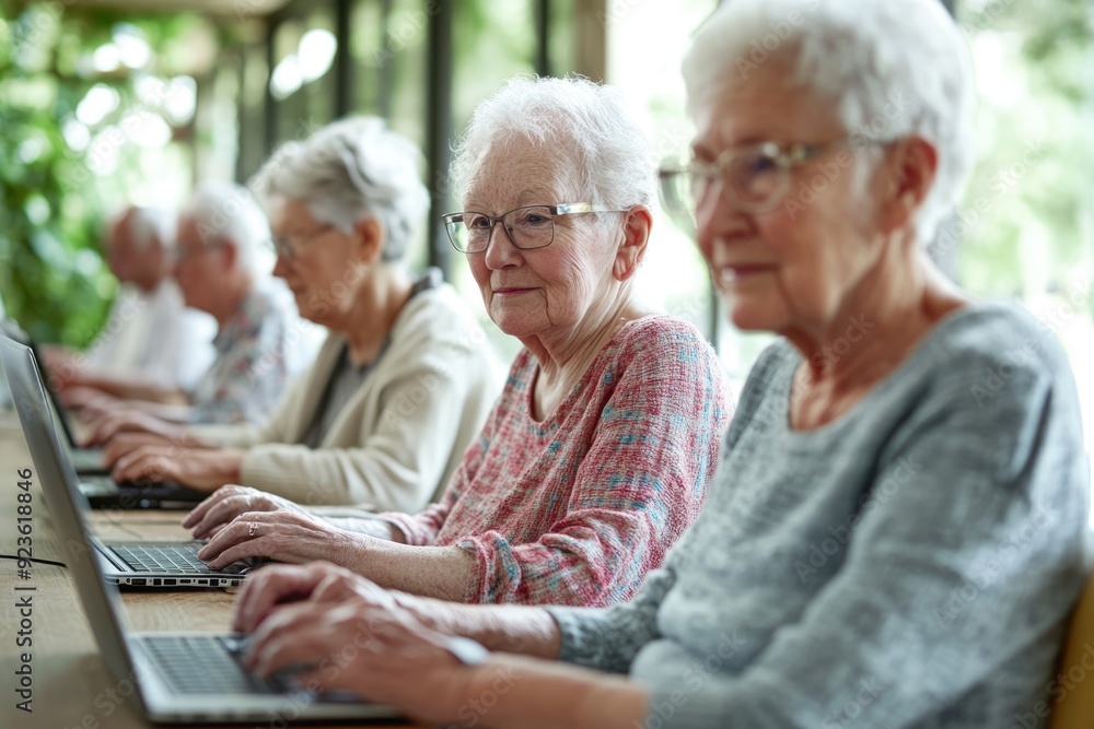Group of elderly individuals in a technology workshop, learning to send emails and browse the internet on laptops Group of elderly individuals in a technology workshop, learning to send emails and browse the internet on laptops