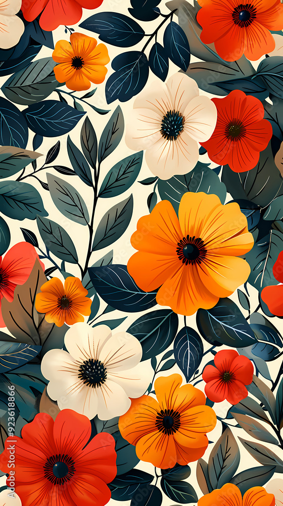 Seamless pattern with flowers, leaves, and abstract colors for a vintage wallpaper or nature-inspired design. Seamless pattern with flowers, leaves, and abstract colors for a vintage wallpaper or nature-inspired design.