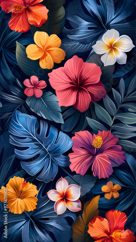 Seamless pattern with flowers, leaves, and abstract colors for a vintage wallpaper or nature-inspired design.