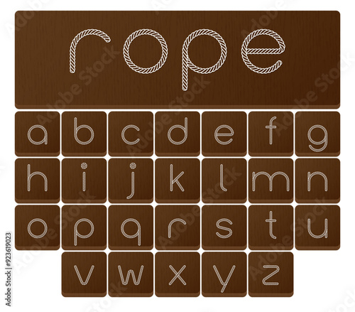 Vector characters of the alphabet formed by rope. Wooden background.
