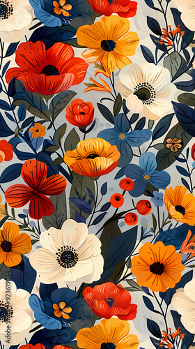 Seamless pattern with flowers, leaves, and abstract colors for a vintage wallpaper or nature-inspired design.