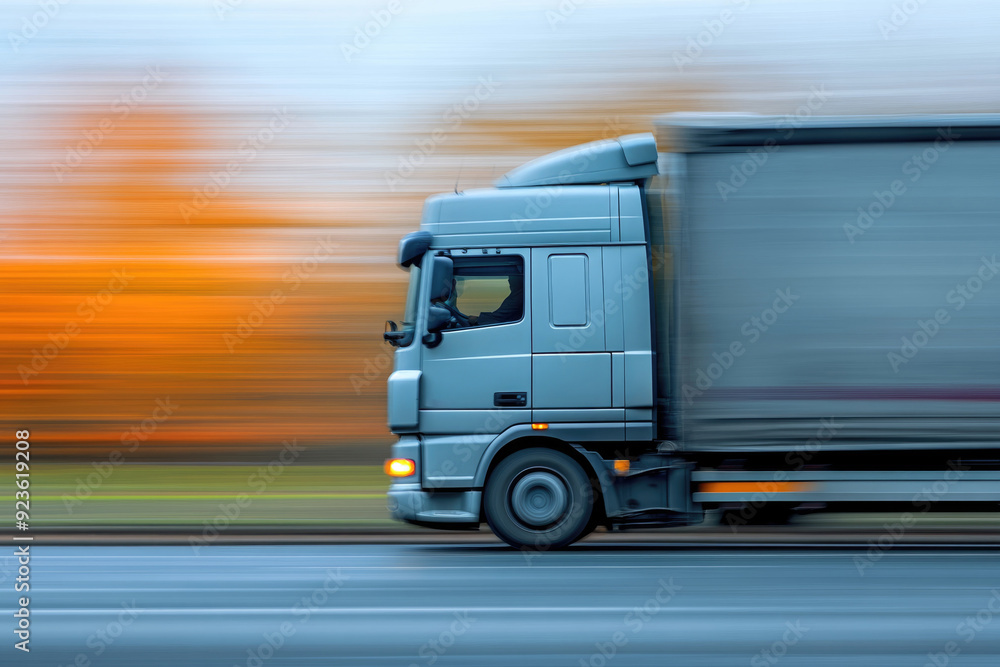 Side view of a transport truck in motion, blurred background highlighting the vehicle's speed, representing fast and reliable logistics services without visible branding Side view of a transport truck in motion, blurred background highlighting the vehicle's speed, representing fast and reliable logistics services without visible branding