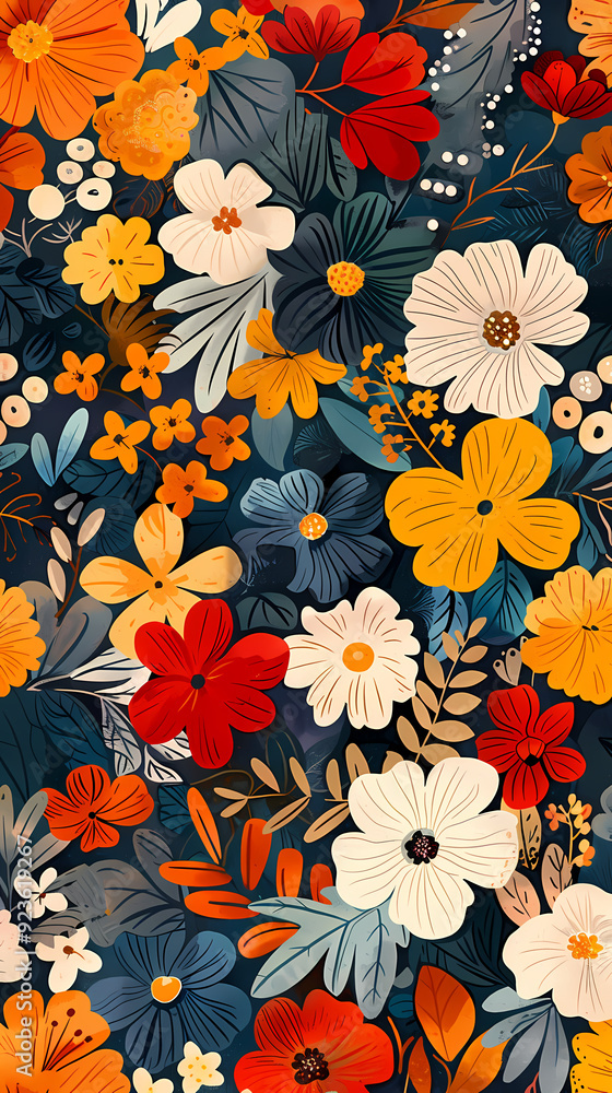 Seamless pattern with flowers, leaves, and abstract colors for a vintage wallpaper or nature-inspired design. Seamless pattern with flowers, leaves, and abstract colors for a vintage wallpaper or nature-inspired design.