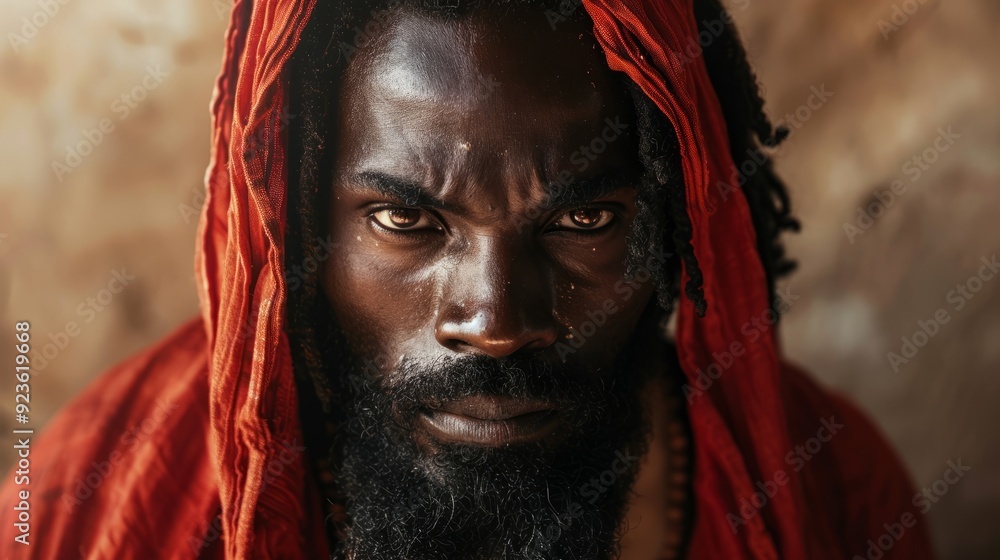 Intense portrait of a man with a red shawl in a traditional setting Intense portrait of a man with a red shawl in a traditional setting