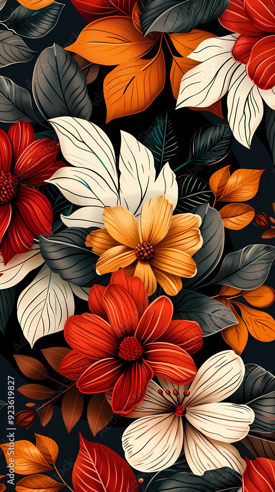 Seamless pattern with flowers, leaves, and abstract colors for a vintage wallpaper or nature-inspired design. Seamless pattern with flowers, leaves, and abstract colors for a vintage wallpaper or nature-inspired design.