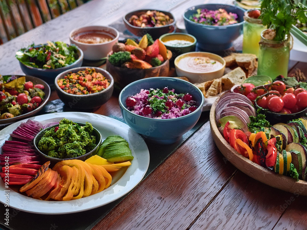 A colorful vegan feast – A table overflowing with vibrant, plant-based dishes like rainbow salads, smoothie bowls, and grilled vegetables, all arranged artfully. A colorful vegan feast – A table overflowing with vibrant, plant-based dishes like rainbow salads, smoothie bowls, and grilled vegetables, all arranged artfully.