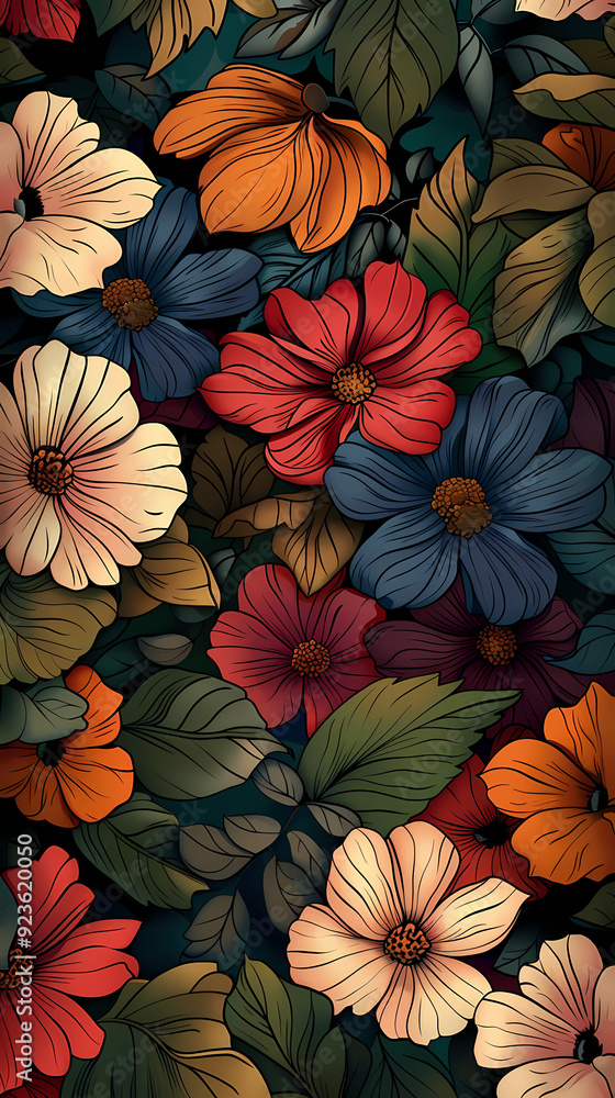 Seamless pattern with flowers, leaves, and abstract colors for a vintage wallpaper or nature-inspired design. Seamless pattern with flowers, leaves, and abstract colors for a vintage wallpaper or nature-inspired design.