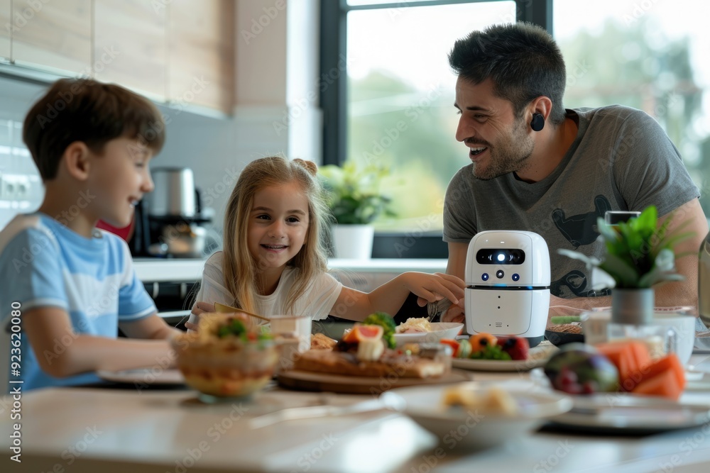 Family interacting with a virtual assistant to check the news and play music while enjoying breakfast, blending technology seamlessly into their daily routine Family interacting with a virtual assistant to check the news and play music while enjoying breakfast, blending technology seamlessly into their daily routine
