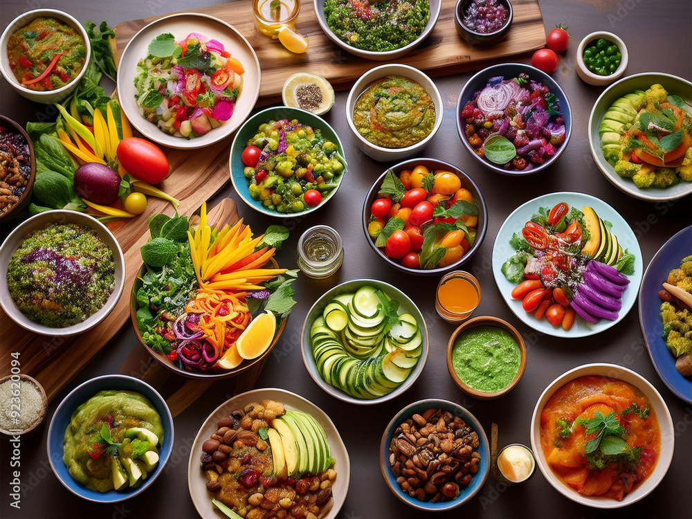 A colorful vegan feast – A table overflowing with vibrant, plant-based dishes like rainbow salads, smoothie bowls, and grilled vegetables, all arranged artfully. A colorful vegan feast – A table overflowing with vibrant, plant-based dishes like rainbow salads, smoothie bowls, and grilled vegetables, all arranged artfully.