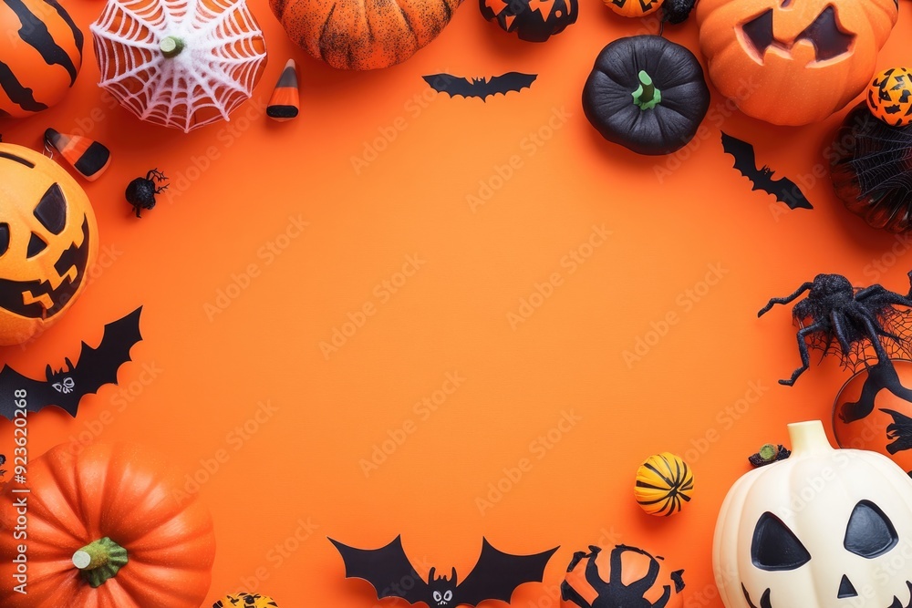 Spooky flat lay of Halloween decorations on an orange background with space in the center for copy, ideal for greeting card designs or party invitations Spooky flat lay of Halloween decorations on an orange background with space in the center for copy, ideal for greeting card designs or party invitations