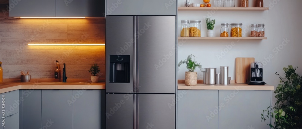 Modern Kitchen with Stainless Steel Refrigerator and Wooden Shelving Modern Kitchen with Stainless Steel Refrigerator and Wooden Shelving