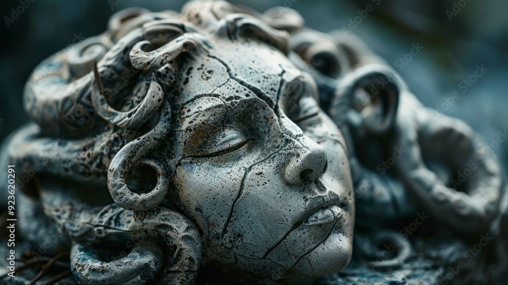 Ancient stone sculpture of a mythical figure resting among moss in a forest Ancient stone sculpture of a mythical figure resting among moss in a forest