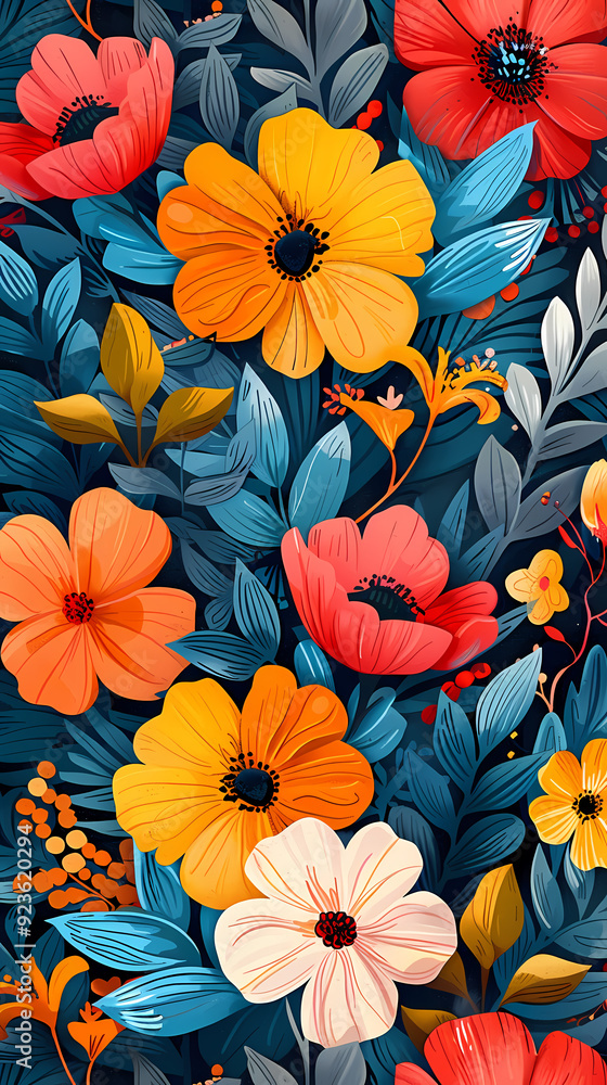 Seamless pattern with flowers, leaves, and abstract colors for a vintage wallpaper or nature-inspired design. Seamless pattern with flowers, leaves, and abstract colors for a vintage wallpaper or nature-inspired design.