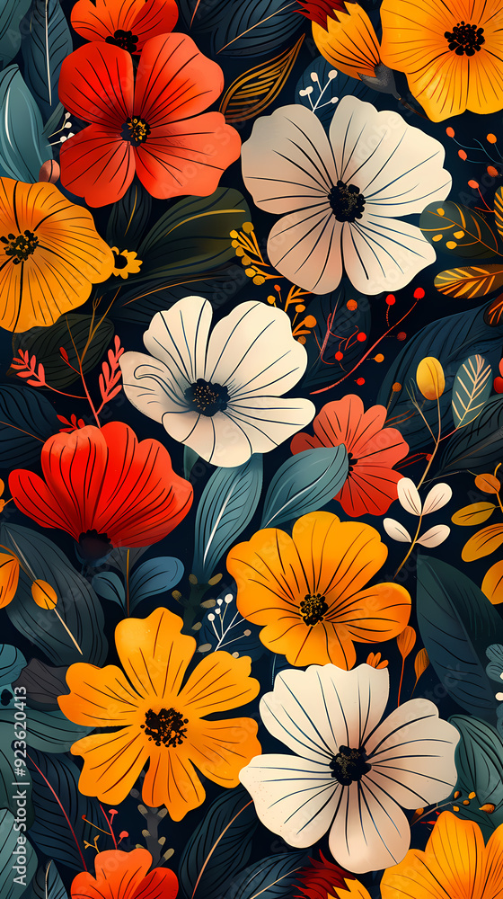Seamless pattern with flowers, leaves, and abstract colors for a vintage wallpaper or nature-inspired design. Seamless pattern with flowers, leaves, and abstract colors for a vintage wallpaper or nature-inspired design.
