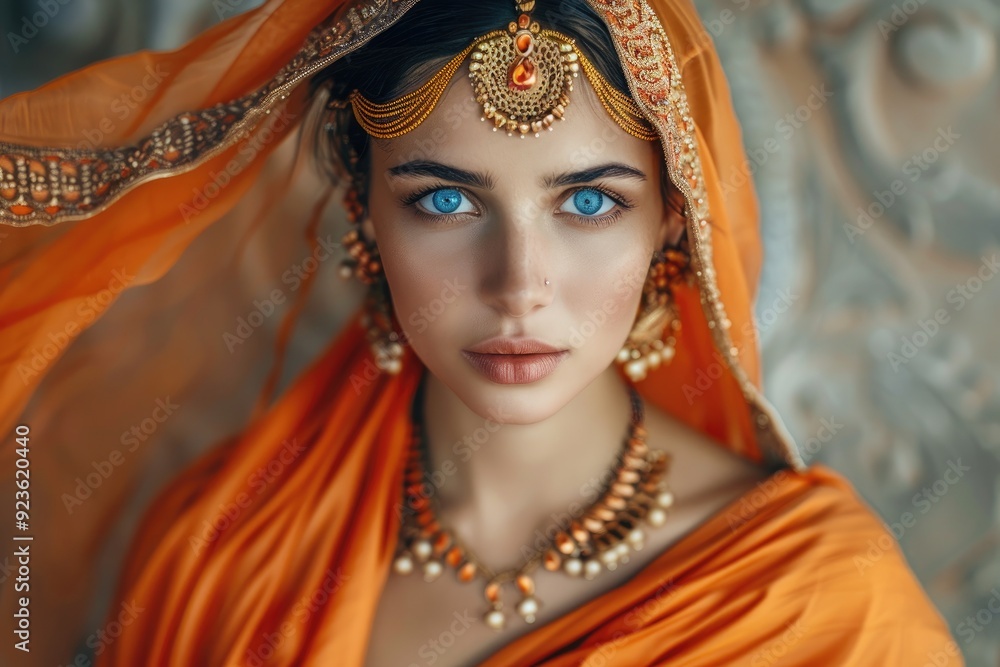 A beautiful woman with blue eyes in an orange sari, wearing traditional Indian jewelry and headpiece. A beautiful woman with blue eyes in an orange sari, wearing traditional Indian jewelry and headpiece.