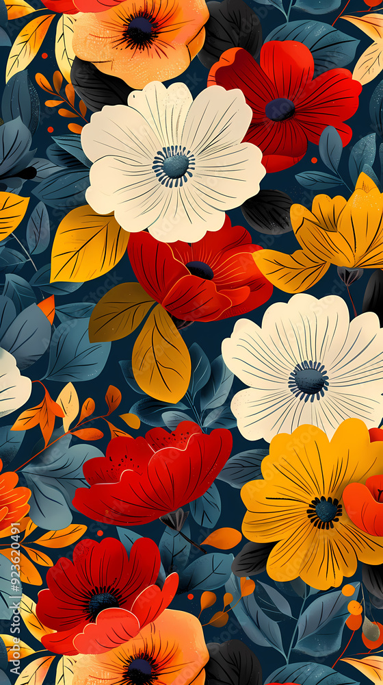 Seamless pattern with flowers, leaves, and abstract colors for a vintage wallpaper or nature-inspired design. Seamless pattern with flowers, leaves, and abstract colors for a vintage wallpaper or nature-inspired design.