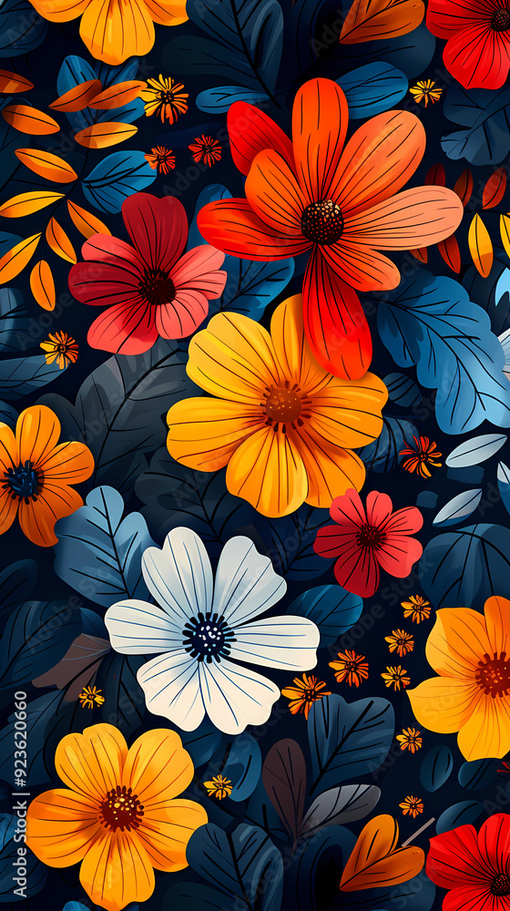 Seamless pattern with flowers, leaves, and abstract colors for a vintage wallpaper or nature-inspired design. Seamless pattern with flowers, leaves, and abstract colors for a vintage wallpaper or nature-inspired design.