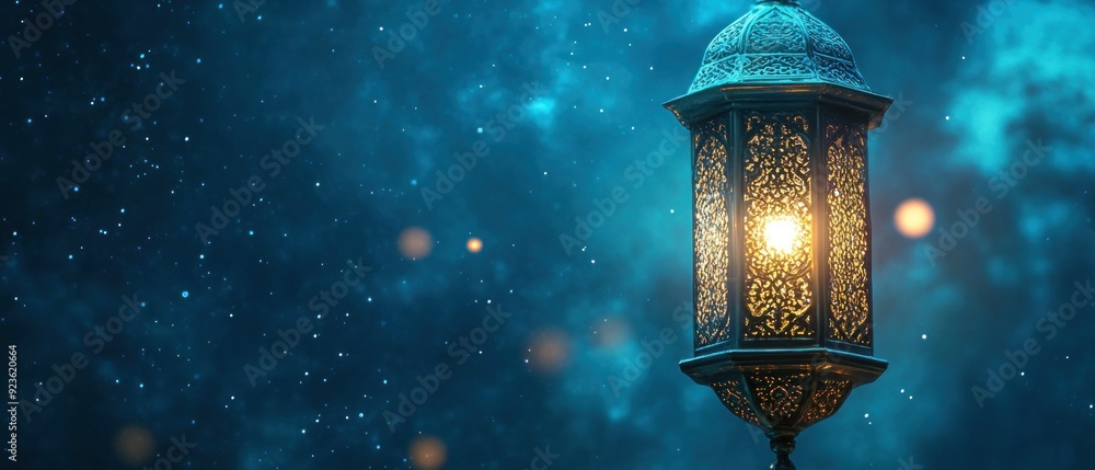 Ornate Lantern Glowing Against a Blue and Dusty Sky Ornate Lantern Glowing Against a Blue and Dusty Sky