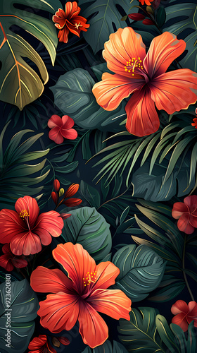 Wallpaper Mural Seamless pattern with flowers, leaves, and abstract colors for a vintage wallpaper or nature-inspired design. Torontodigital.ca