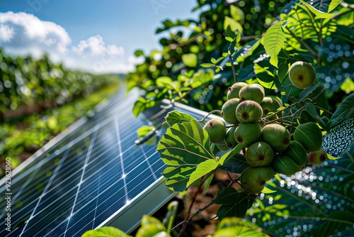 Solar Power Orchard. Solar panels installed in an orchard, blending technology with nature. photo