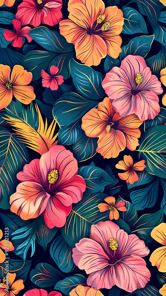 Seamless pattern with flowers, leaves, and abstract colors for a vintage wallpaper or nature-inspired design. Seamless pattern with flowers, leaves, and abstract colors for a vintage wallpaper or nature-inspired design.