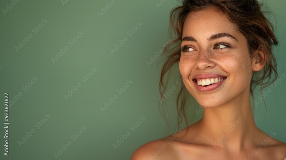 Beautiful woman with a radiant smile in a half-body shot, against a solid green background, leaving ample copy space on the right Beautiful woman with a radiant smile in a half-body shot, against a solid green background, leaving ample copy space on the right