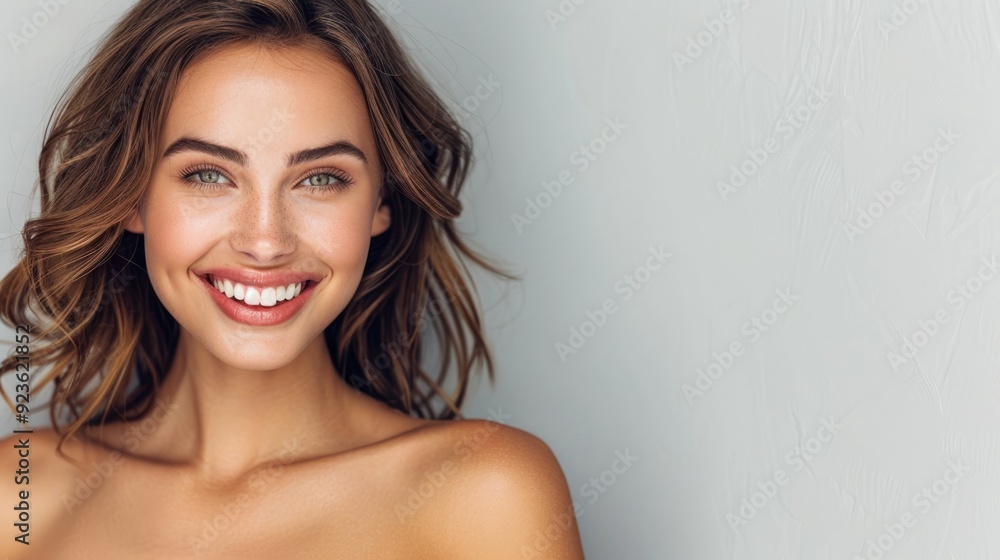 Beautiful woman with a friendly smile, half-body shot against a solid light grey background, with copy space on the right side Beautiful woman with a friendly smile, half-body shot against a solid light grey background, with copy space on the right side