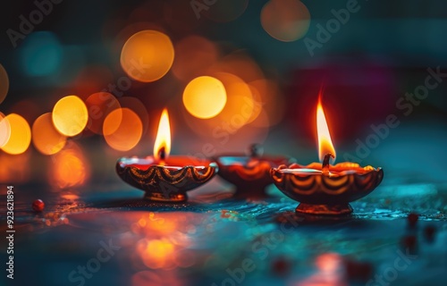 A festive display of colorful clay oil lamps, or diya, lit during the Hindu festival Diwali. photo