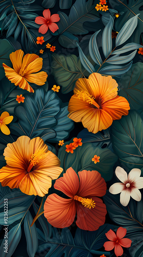 Wallpaper Mural Seamless pattern with flowers, leaves, and abstract colors for a vintage wallpaper or nature-inspired design. Torontodigital.ca