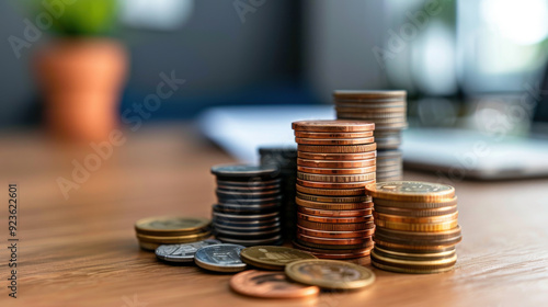 Wallpaper Mural Close-up of stacks of various coins on a wooden desk, symbolizing savings, financial planning, and monetary management. Torontodigital.ca