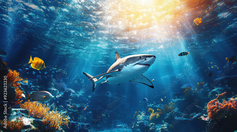 A captivating underwater photograph showcasing a great white shark swimming gracefully among vibrant fish, coral reefs, and rays of sunlight filtering through the water's surface. A captivating underwater photograph showcasing a great white shark swimming gracefully among vibrant fish, coral reefs, and rays of sunlight filtering through the water's surface.